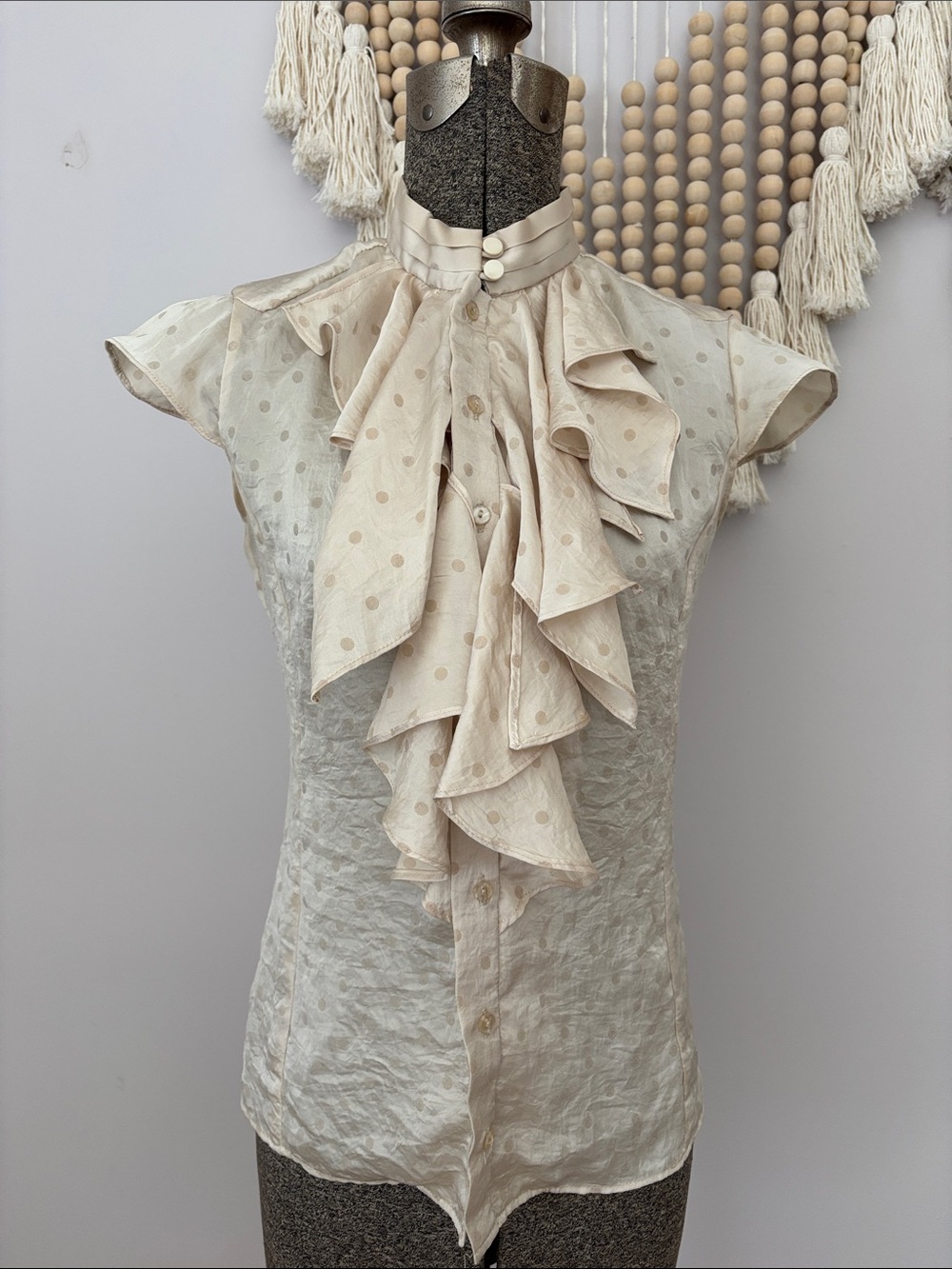 Vintage Heidi Klum-Jordache Polka Dot Ruffle Neck Blouse - Cream